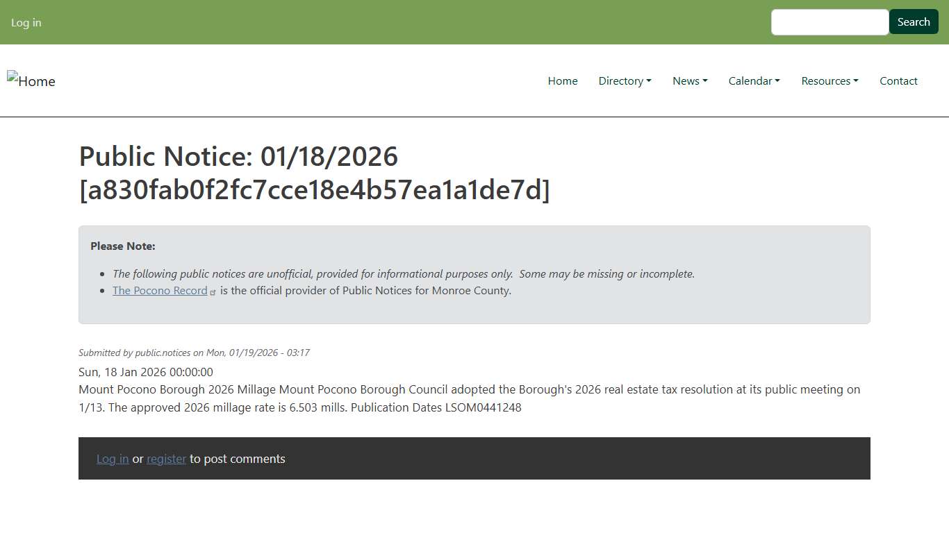Public Notice: 01/18/2026 [a830fab0f2fc7cce18e4b57ea1a1de7d] Monroe County, PA